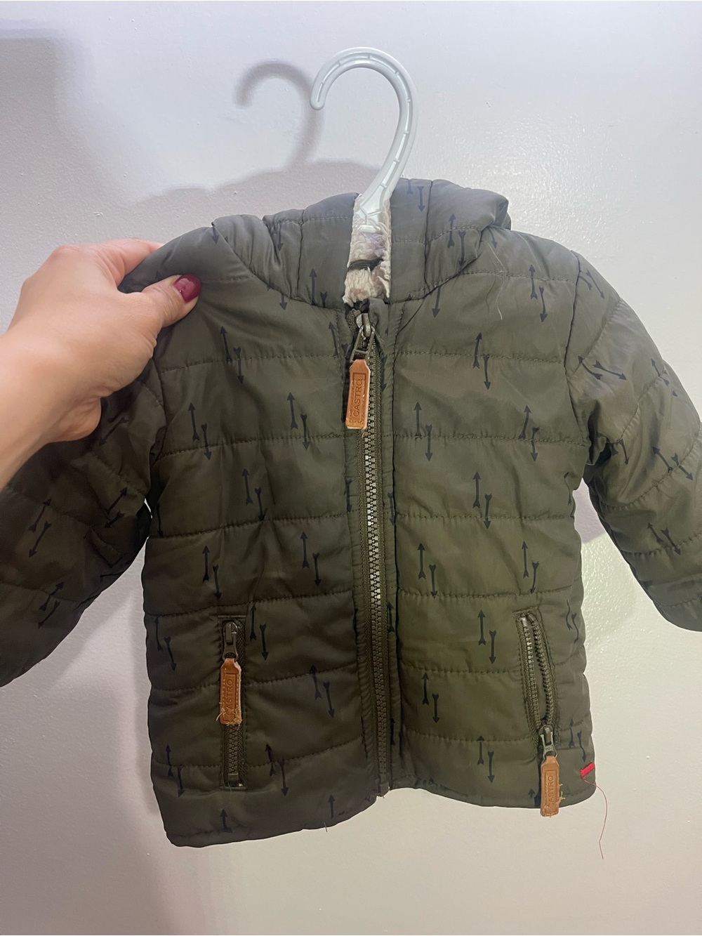 Olive Green Puffer Jacket with Arrow Print